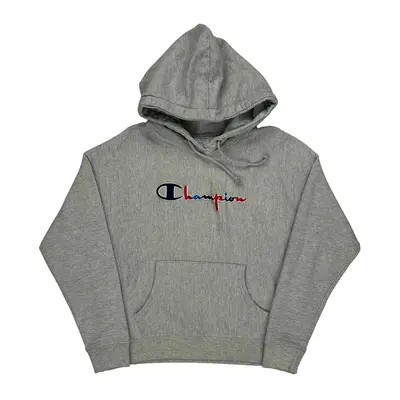 Reverse Weave Champion Spellout Hoodie - Large Grey Cotton Blend
