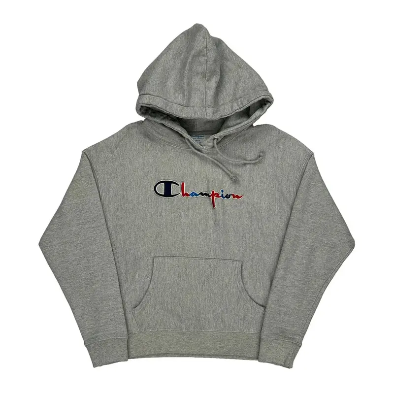 Reverse Weave Champion Spellout Hoodie - Large Grey Cotton Blend