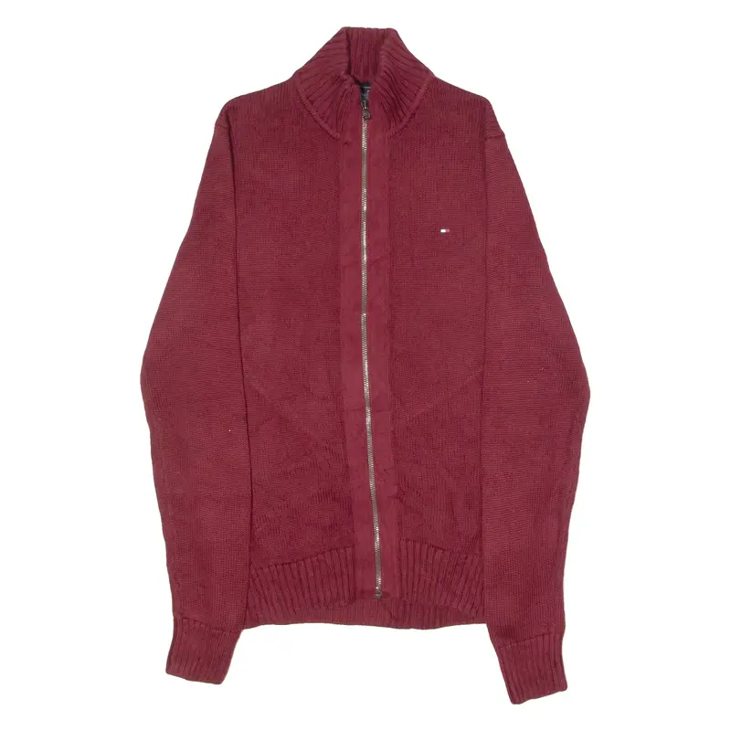 TOMMY HILFIGER Mens Heavy Knit Cardigan Red High Neck Tight Knit S