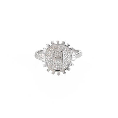 Non-Tarnish 304 Stainless Steel Flat Round with Initial Letter Open Cuff Ring for Men Women