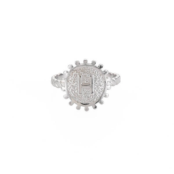 Non-Tarnish 304 Stainless Steel Flat Round with Initial Letter Open Cuff Ring for Men Women