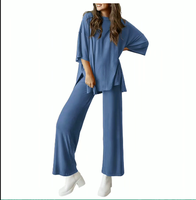 Women's 2-Piece Outfits Short Sleeve Pullover Tops Split Hem Wide Leg Pants Lounge Sets
