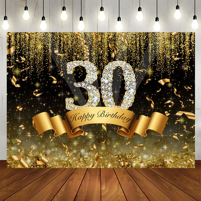 Aperturee Gold Black Bokeh Diamond 30th Birthday Backdrop