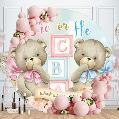 Aperturee Pink And Blue Bear Circle Baby Shower Backdrop
