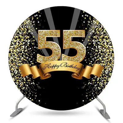 Aperturee Black Gold Happy 55Th Birthday Glitter Ribbon Round Backdrops | Round Backdrop Cover Diy | Circle Party Backdrop | ...