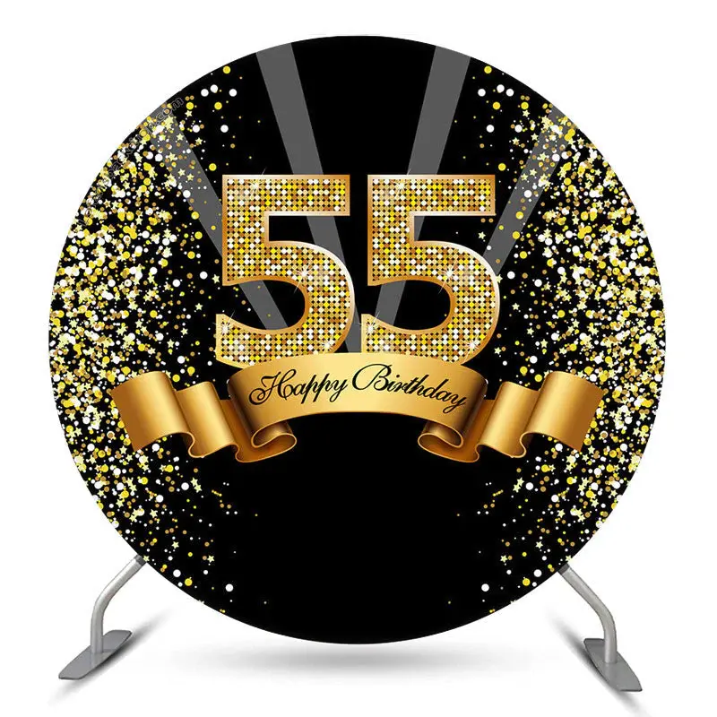 Aperturee Black Gold Happy 55Th Birthday Glitter Ribbon Round Backdrops | Round Backdrop Cover Diy | Circle Party Backdrop | ...