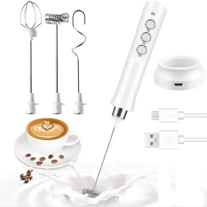 3 In 1 Electric Milk Frother, 1 Set USB Rechargeable Handheld Egg Beater, Portable Cappuccino & Coffee Mixer, Food Processor ...