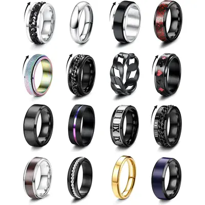 Besteel 16Pcs Stainless Steel Fidget Rings for Men Women&Boys Girls Stress Anxiety Relief Rings Black Cool Chain Band Spinner...