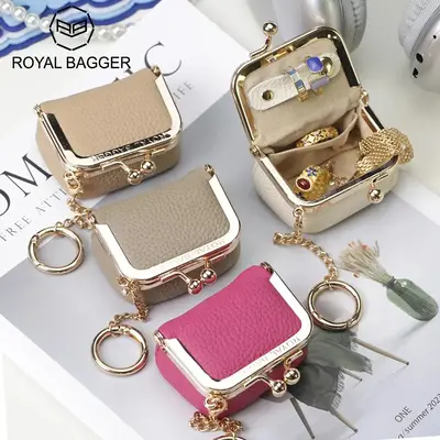 Royal Bagger Genuine Leather Mini Kiss Lock Coin & Jewelry Box, Removable Keychain, Storage for Rings, Earrings, Necklaces 28...