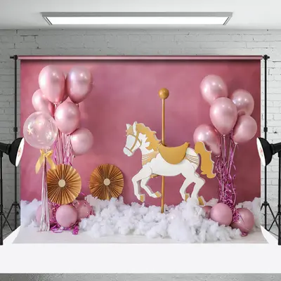 Pink Balloons Carousel Birthday Cake Smash Backdrop - Aperturee