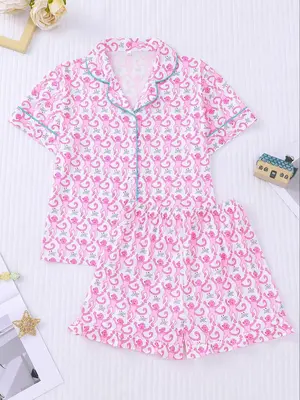 Girl's Cartoon Monkey Print Top & Shorts Pajamas Two-piece Set, Cute Comfy Short Sleeve Top & Shorts Pj Set, Kids Sleepwear f...