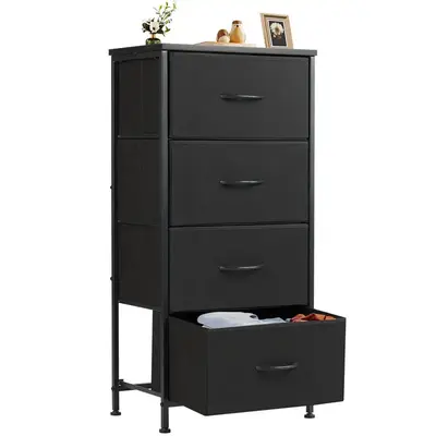 Modern 4-Drawer Dresser for Bedroom - Charcoal Black Wood Grain Storage Tower with Fabric Bins Nursery & Interior Furniture O...