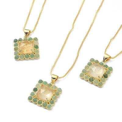 Natural Yellow Agate & Green Aventurine Rectangle Pendant Necklace