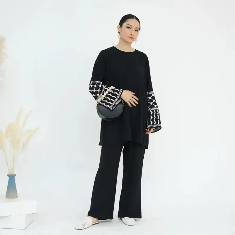 Loriya New Breathable 2-Piece Suit for Women - Geometric Embroidered Cuffs, Breathable Jersey Fabric, All-Seasons Wear, Moder...