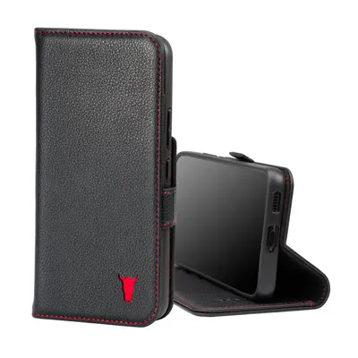 Samsung Galaxy S22 Leather Wallet Case (with Stand function) - Black with Red Detail