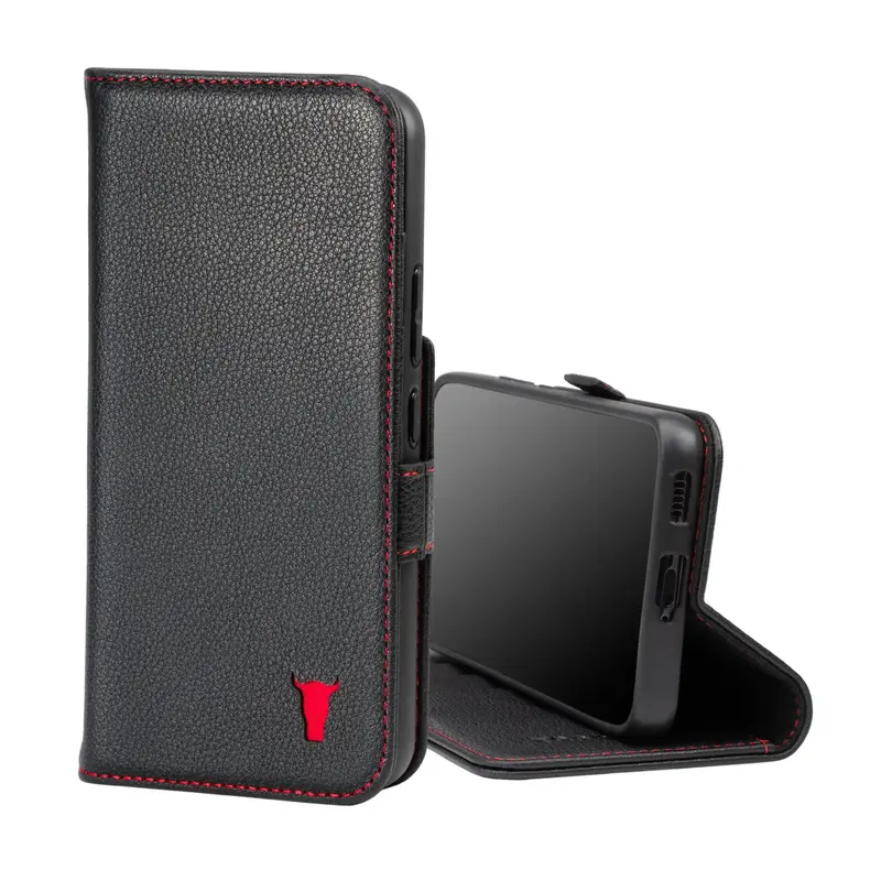 Samsung Galaxy S22 Leather Wallet Case (with Stand function) - Black with Red Detail