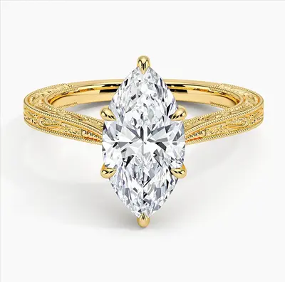 10K Gold 0.5 to 3 CT Marquise Cut Lab Created Diamond Engraved Engagement Band