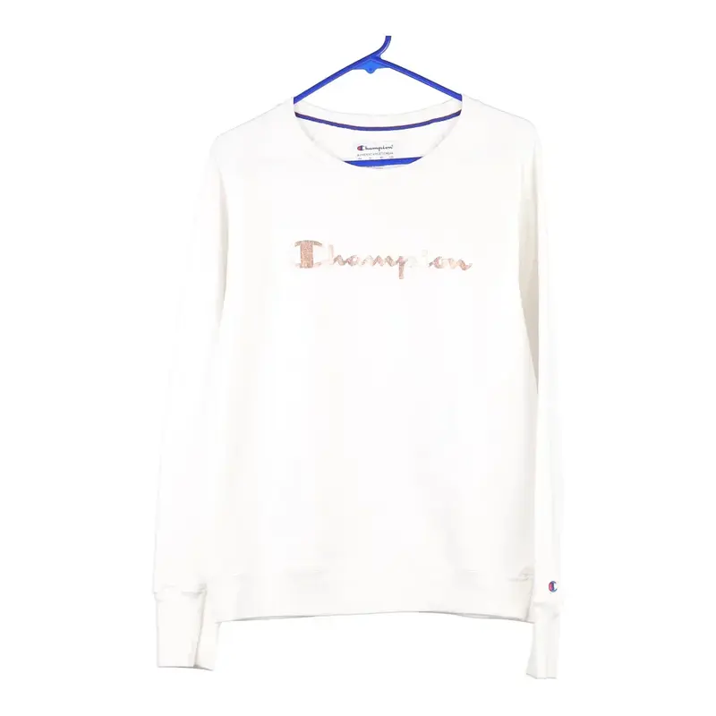 Champion Spellout Sweatshirt - Medium White Cotton Blend