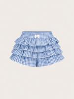 Women's Gingham Print Bow Decor Tiered Layer Shorts, Casual Elastic Waist Shorts, Ladies Bottoms for Summer