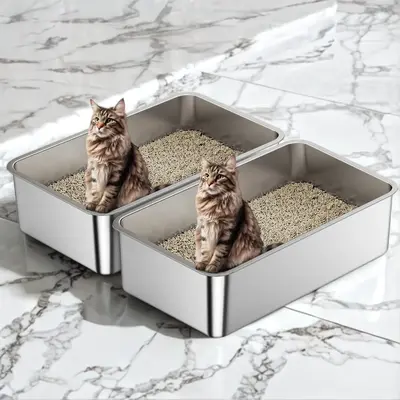 2 Pcs Long Lasting Modern Stainless Steel Cat Litter Box for Cats Easy Clean Non Stick Odorless Spill Proof Cat Toilet Pet Pr...