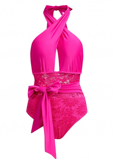 Modlily Cross Halter Lace Stitching Rose Red One Piece Swimwear - S