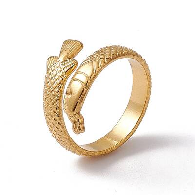 Ion Plating(IP) 304 Stainless Steel Ring Arowana Fish Wrap Open Cuff Ring for Women