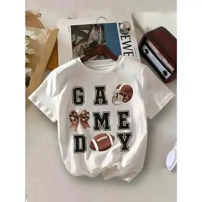 Girls' Game Day Football Helmet Bowknot Pattern T-Shirt- White with Black Letters, Soft Breathable Fabric, Easy to Care for M...