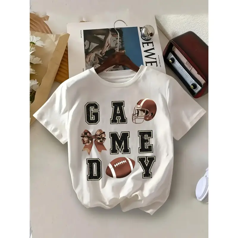 Girls' Game Day Football Helmet Bowknot Pattern T-Shirt- White with Black Letters, Soft Breathable Fabric, Easy to Care for M...