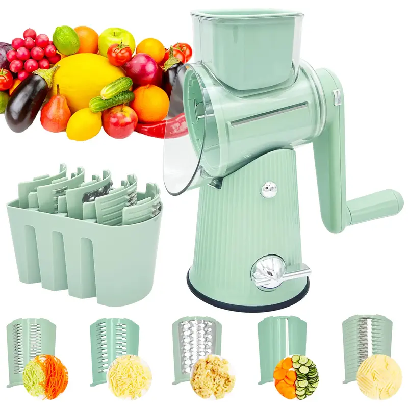 Round Rotary Cheese Grater with Handle, with 5 Well-Designed Blades and Strong Suction Cup Base, Mandoline Slicer and Vegetab...