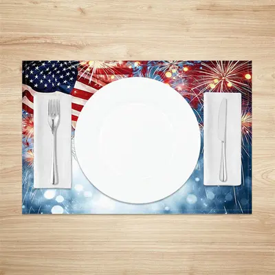 Usa Flag Spark Blue Bokeh Fabric Set Of 4 Placemats - Aperturee