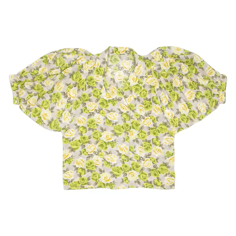 Womens Puff Sleeve Blouse Grey V-Neck 3/4 Sleeve Silk Floral M