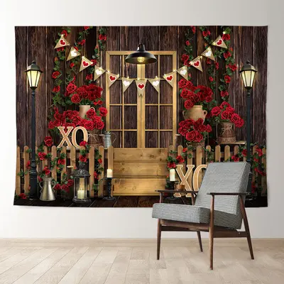 Aperturee Wood Gold Door Roses Valentines Day Photo Backdrop