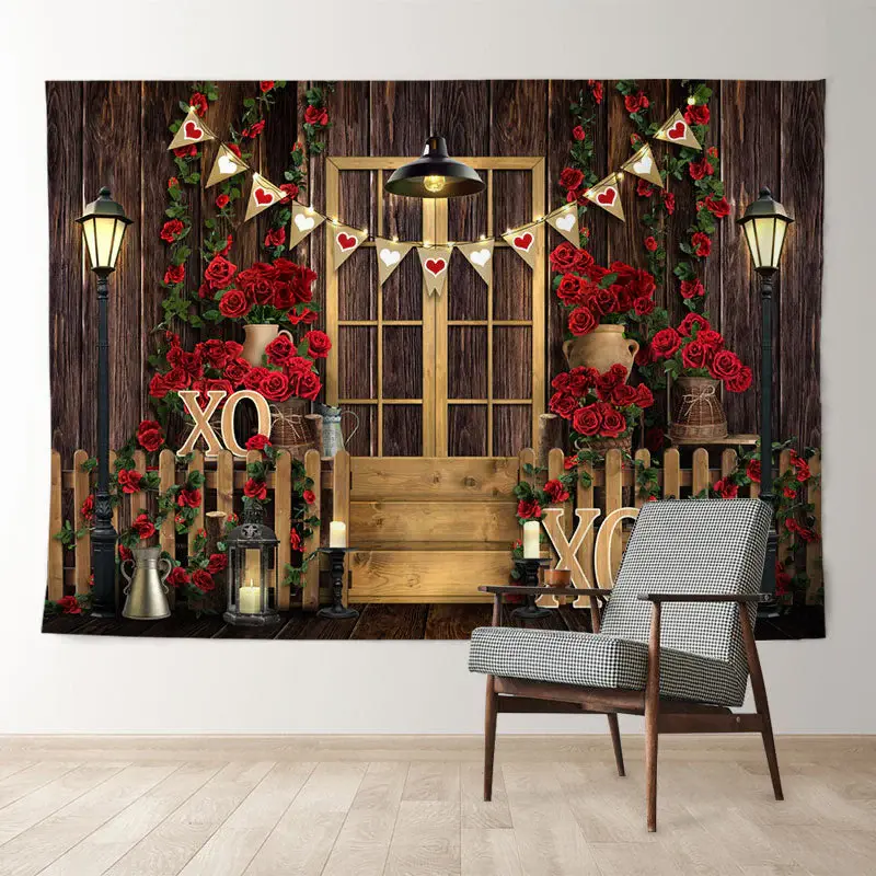 Aperturee Wood Gold Door Roses Valentines Day Photo Backdrop