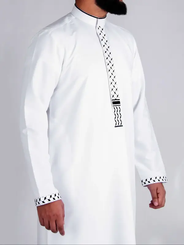 Islamic Muslim Arabic Traditional Long Robe Clothing, Ramadan Eid Festival Wear, Classic Men's Striped Embroidered Robe