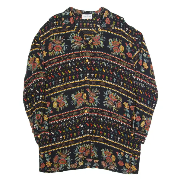 PIERRE FRANCK Womens Printed Shirt Black Collared Viscose Crazy Pattern L