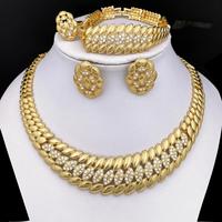 Elegant Rhinestone Decor Jewelry Set For Women 18k Gold Plated Necklace Earrings Bracelet And Ring 4PCS Set Jewelry Weeding P...