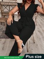 【Plus Size】 Solid Color Jumpsuit, Casual Comfy Wide Leg Jumpsuit for Daily Wear, Women's Plus Clothing for Summer, V Neck...
