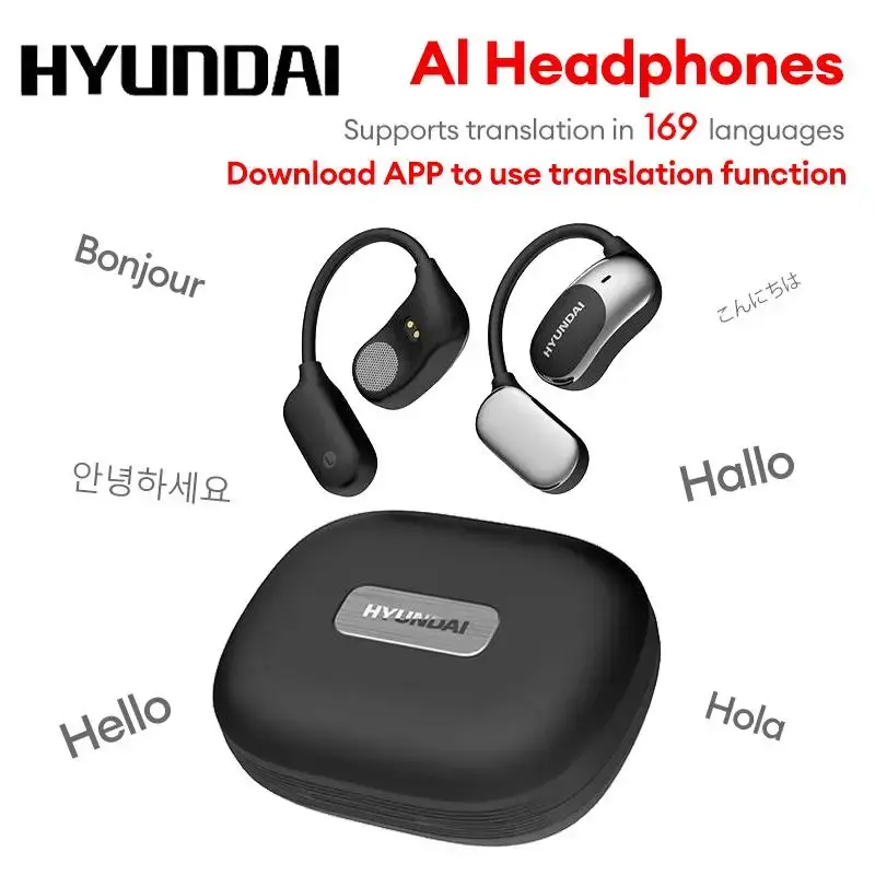 HYUNDAI Fit2 with Built-in 169-Language Translation Wireless Headphones with Electroplated Ear Hook Design – Comfortable, G...