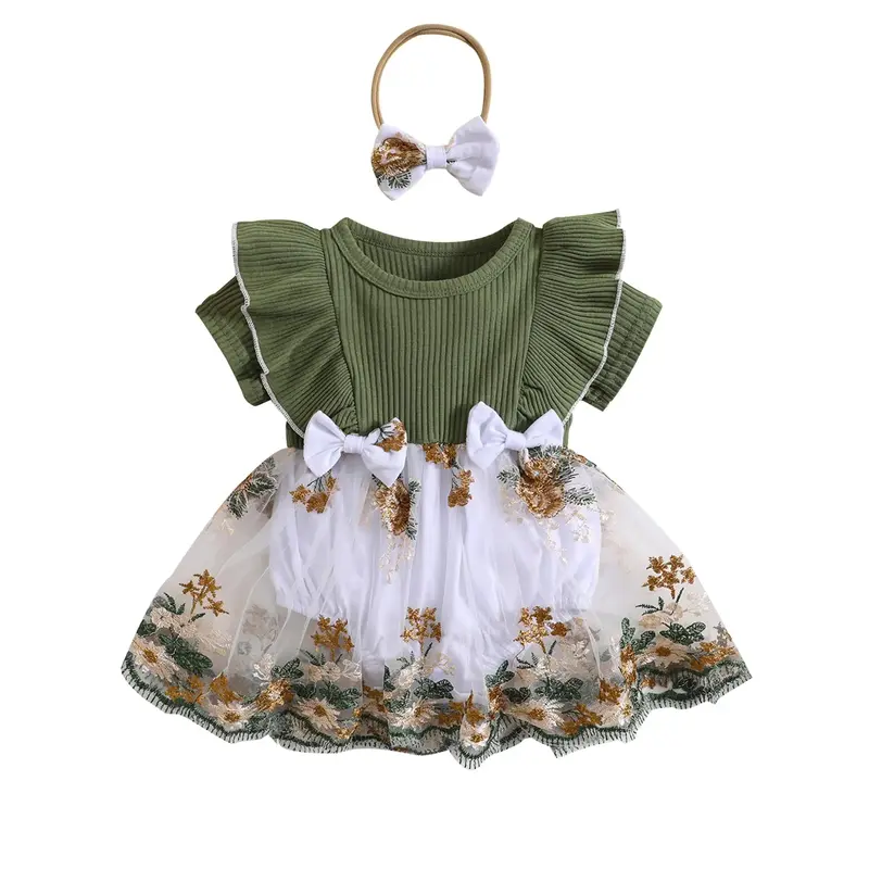 Infant Baby Girls Romper Dress 0-24 Months Flower Embroidery Knit Rib Ruffles Crew Neck Jumpsuits Summer Bodysuits with Bow H...