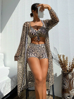 Irregular Print Two-Piece Swimsuit Set Beach High-Waisted Boxer Cover-Up Bikini