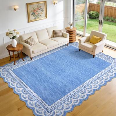 Garvee Scalloped Lace 5x7 Area Rug with Non-Slip Backing, Machine Washable, Soft Faux Wool, Durable Low Pile, Elegant Blue fo...