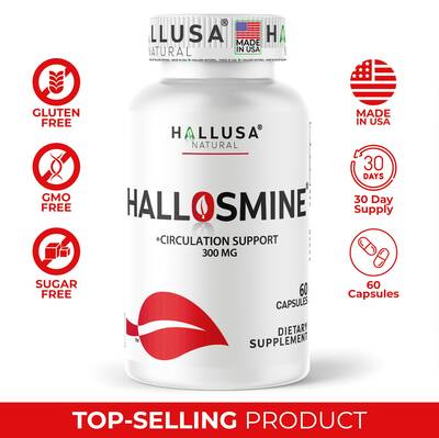 HALLUSA NATURAL HALLOSMINE 300 Mg Diosmin Circulation 60 Capsules Gluten-Free Organic GMO-Free Sugar-Free Supplement for