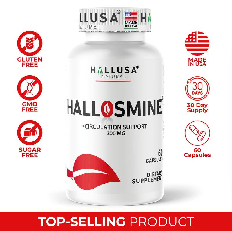 HALLUSA NATURAL HALLOSMINE 300 Mg Diosmin Circulation 60 Capsules Gluten-Free Organic GMO-Free Sugar-Free Supplement for