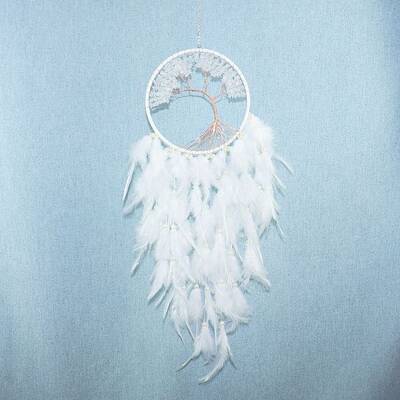 Tree of Life Wrapped Natural Quartz Crystal Chips Woven Web/Net with Feather Decorations