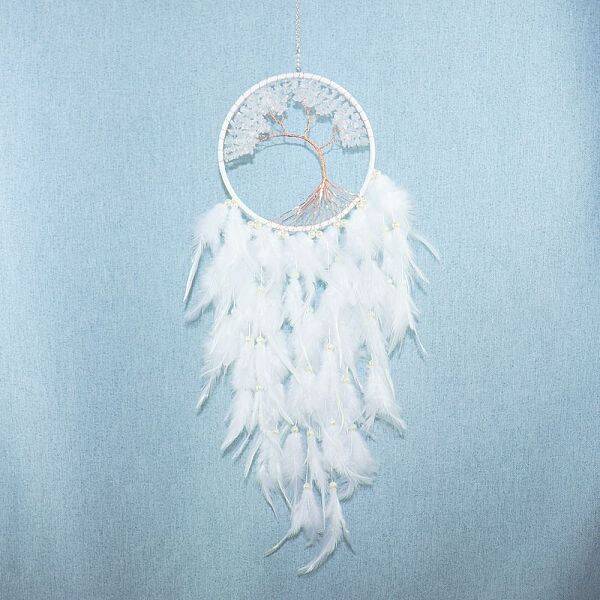 Tree of Life Wrapped Natural Quartz Crystal Chips Woven Web/Net with Feather Decorations