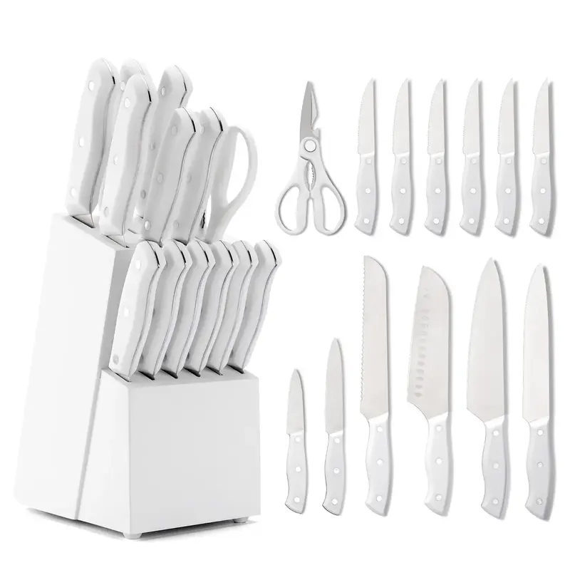 Kitchen Knife Set - 15 Pieces, Solid Wooden & Plastic Holder, Chef's Knife, Japanese Knife, Meat and Vegetable Cutter, Chicke...