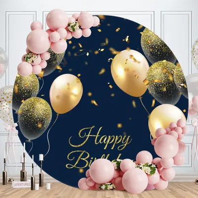 Aperturee Gold Glitter Ballons Round Birthday Backdrop