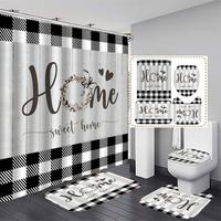 Plaid & Letter Pattern Bathroom Set, 4pcs Modern Non-slip Bathroom Decoration Set, Including Bath Curtain, Toilet Lid Mat & B...