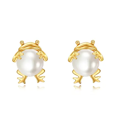 14K Gold Pearl Frog Stud Earrings