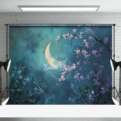 Night Cloud Moon Leaves Lilac Floral Photo Backdrop - Aperturee